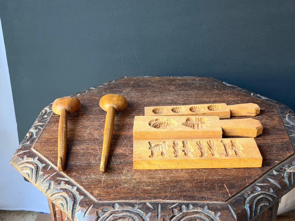 Vintage Carved Wood Butter Molds Cookie Press Serving Spoons Folk Art 5 Pc