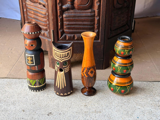 Vintage Carved Wood Candle Holders Miniature Stacking Pots Folk Art Lot 7.6"