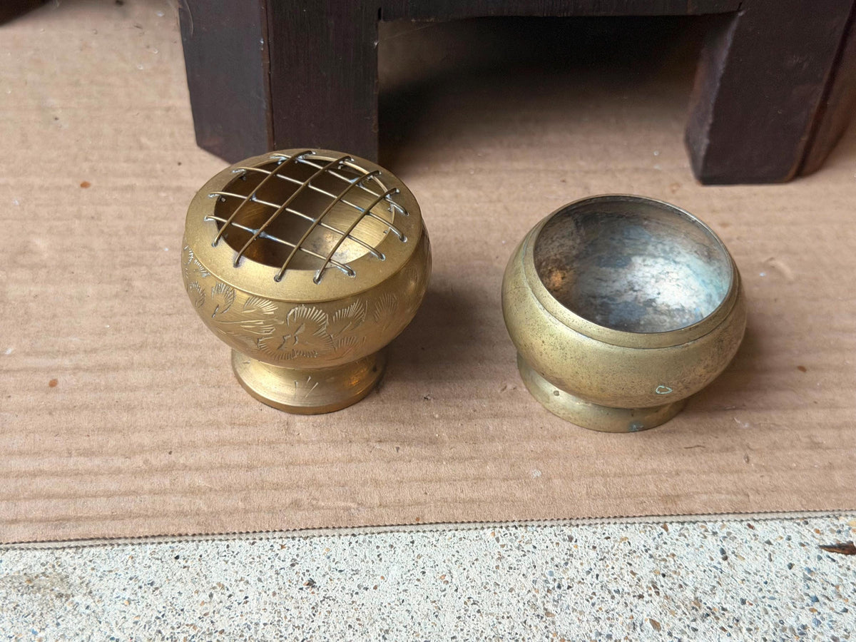 Vintage Brass Miniature Flower Frog Bowl Etched Floral Vessel Pair 2pc Set