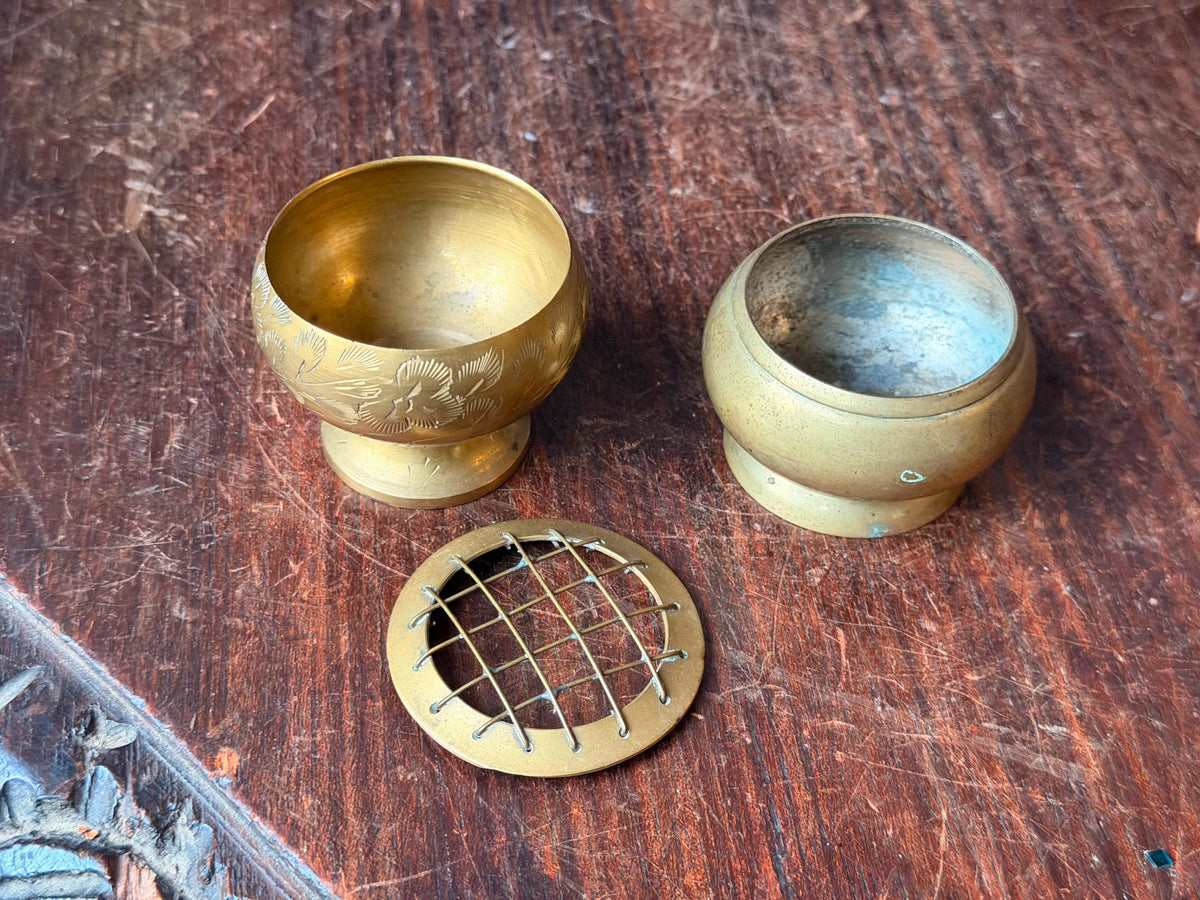 Vintage Brass Miniature Flower Frog Bowl Etched Floral Vessel Pair 2pc Set