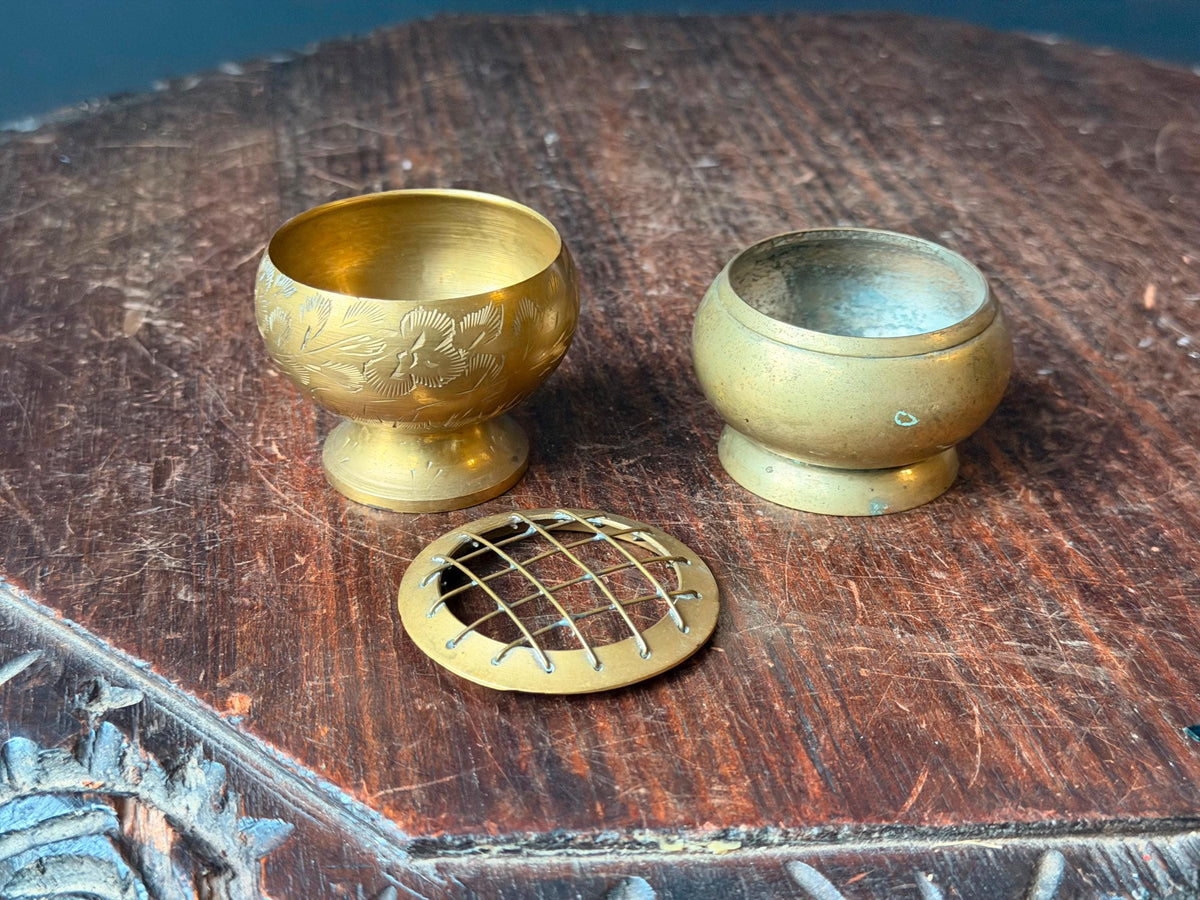 Vintage Brass Miniature Flower Frog Bowl Etched Floral Vessel Pair 2pc Set