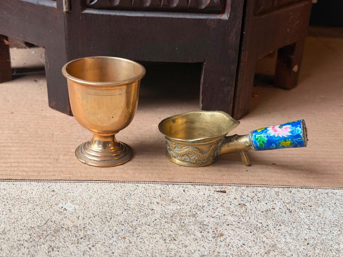 Vintage Brass Cloisonne Handled Dish & Goblet Set Asian Dragon Relief