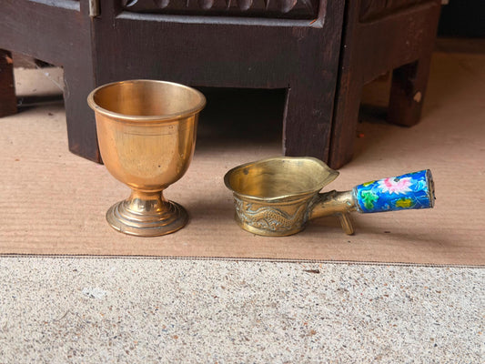 Vintage Brass Cloisonne Handled Dish & Goblet Set Asian Dragon Relief