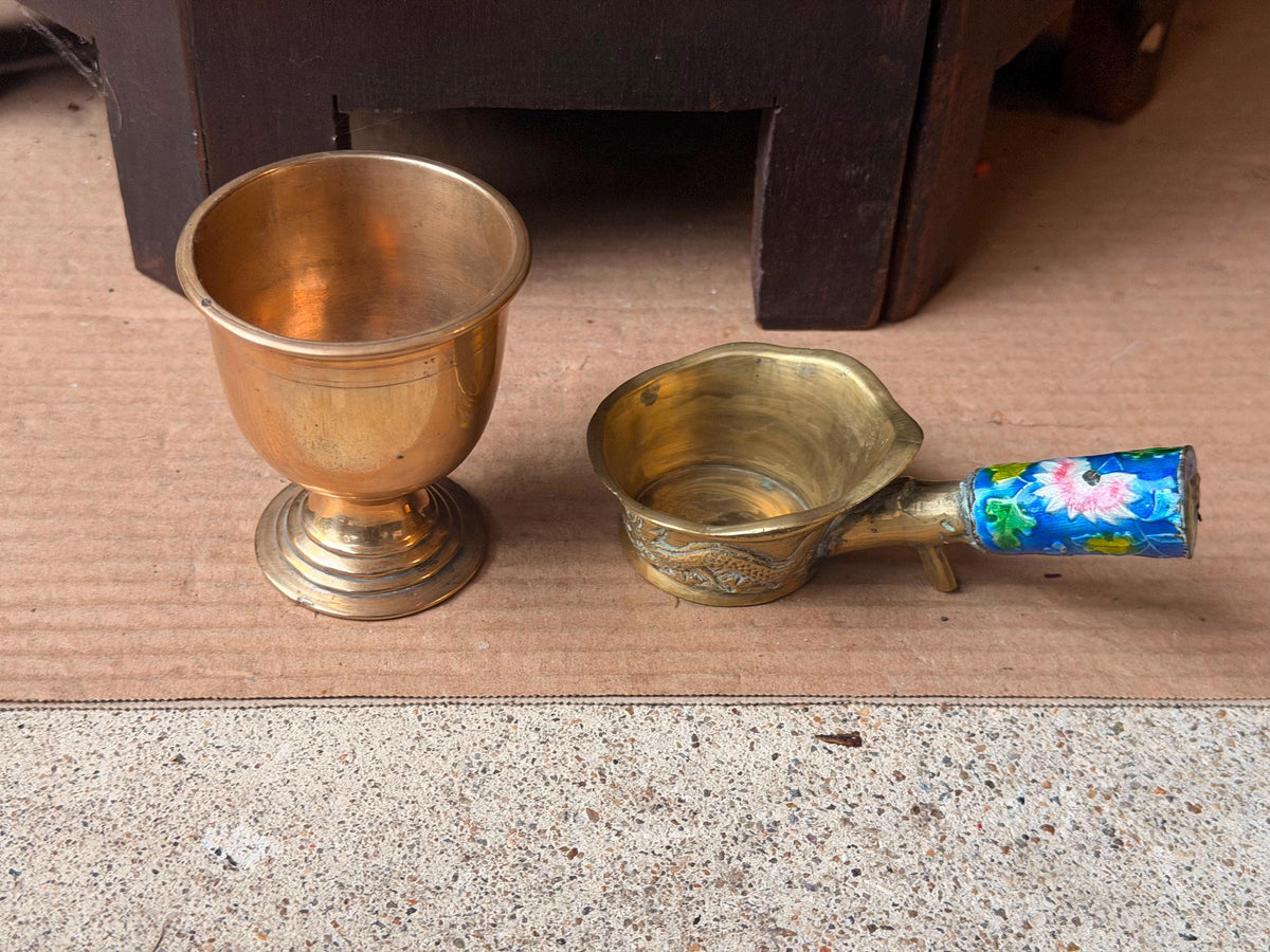 Vintage Brass Cloisonne Handled Dish & Goblet Set Asian Dragon Relief