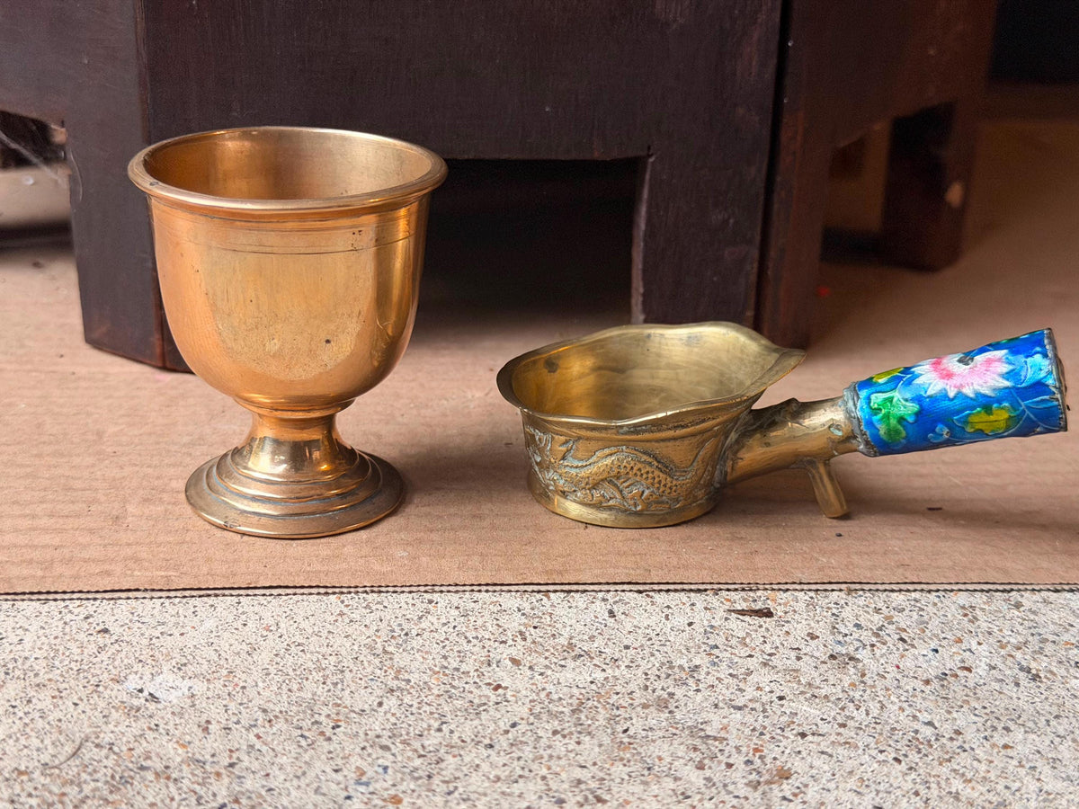 Vintage Brass Cloisonne Handled Dish & Goblet Set Asian Dragon Relief