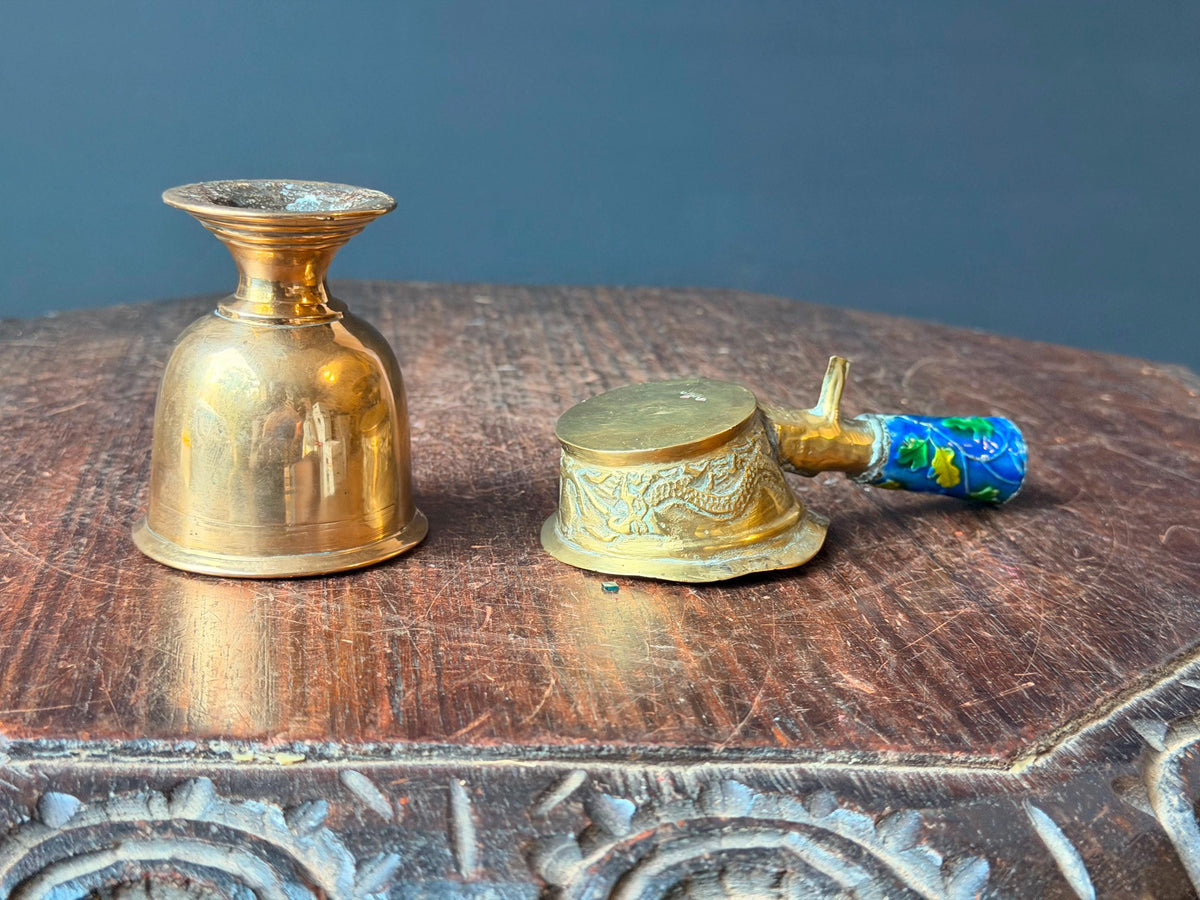 Vintage Brass Cloisonne Handled Dish & Goblet Set Asian Dragon Relief