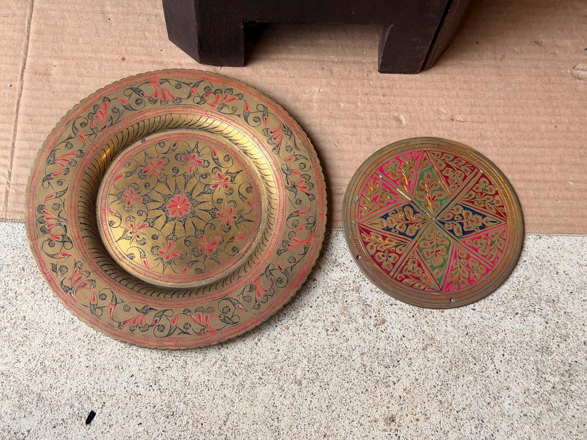 Vintage Etched Brass Plate Polychrome Enamel Wall Plaque Dish Set 2pc
