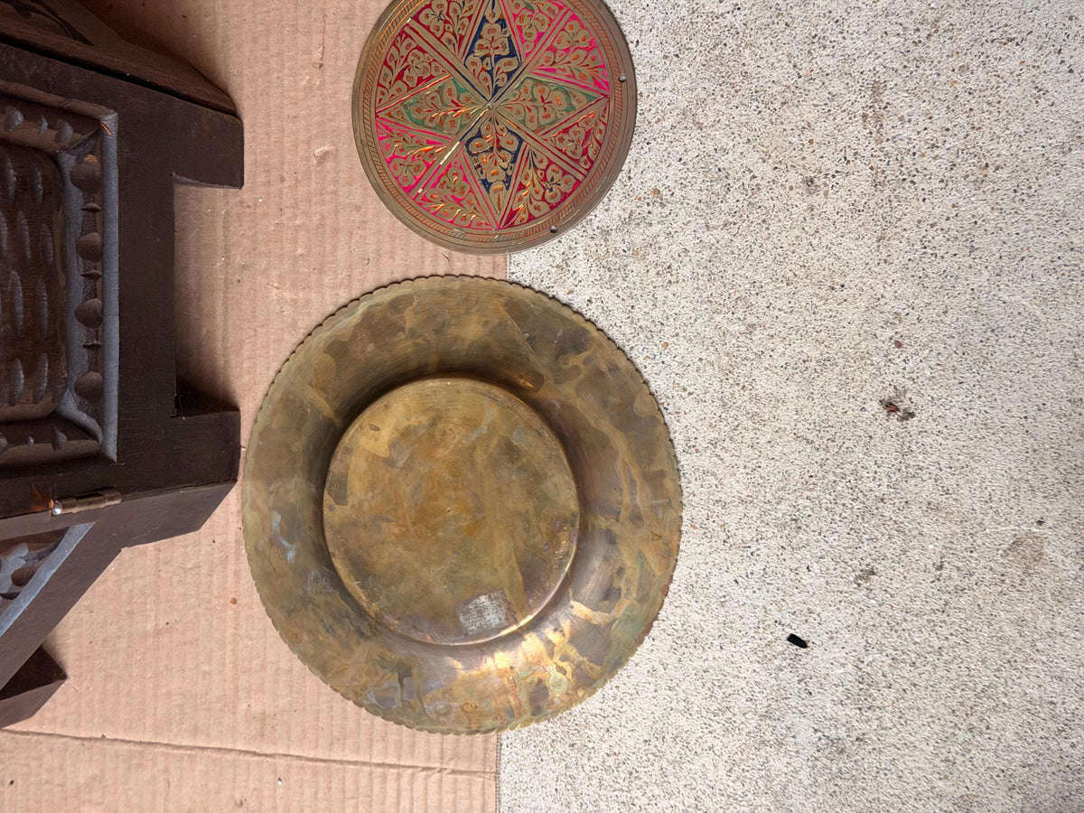 Vintage Etched Brass Plate Polychrome Enamel Wall Plaque Dish Set 2pc