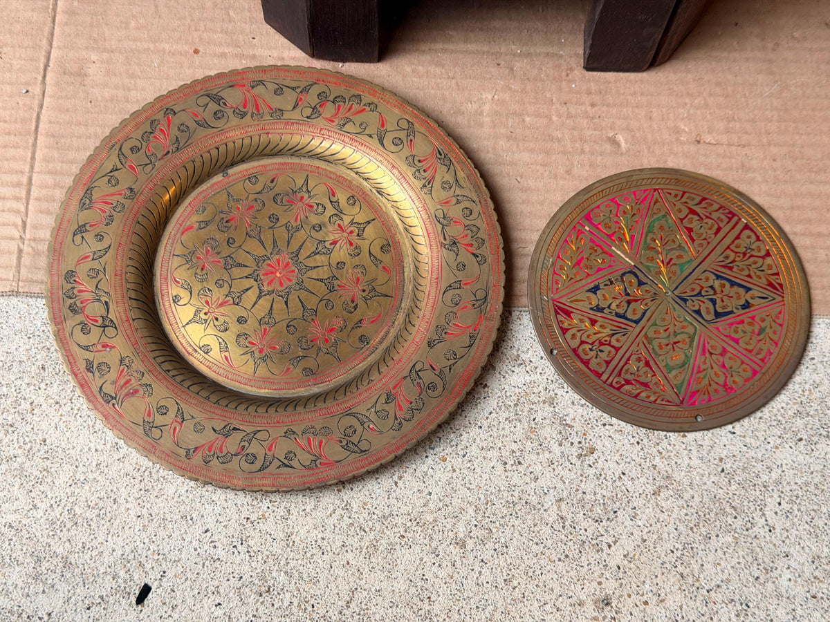 Vintage Etched Brass Plate Polychrome Enamel Wall Plaque Dish Set 2pc