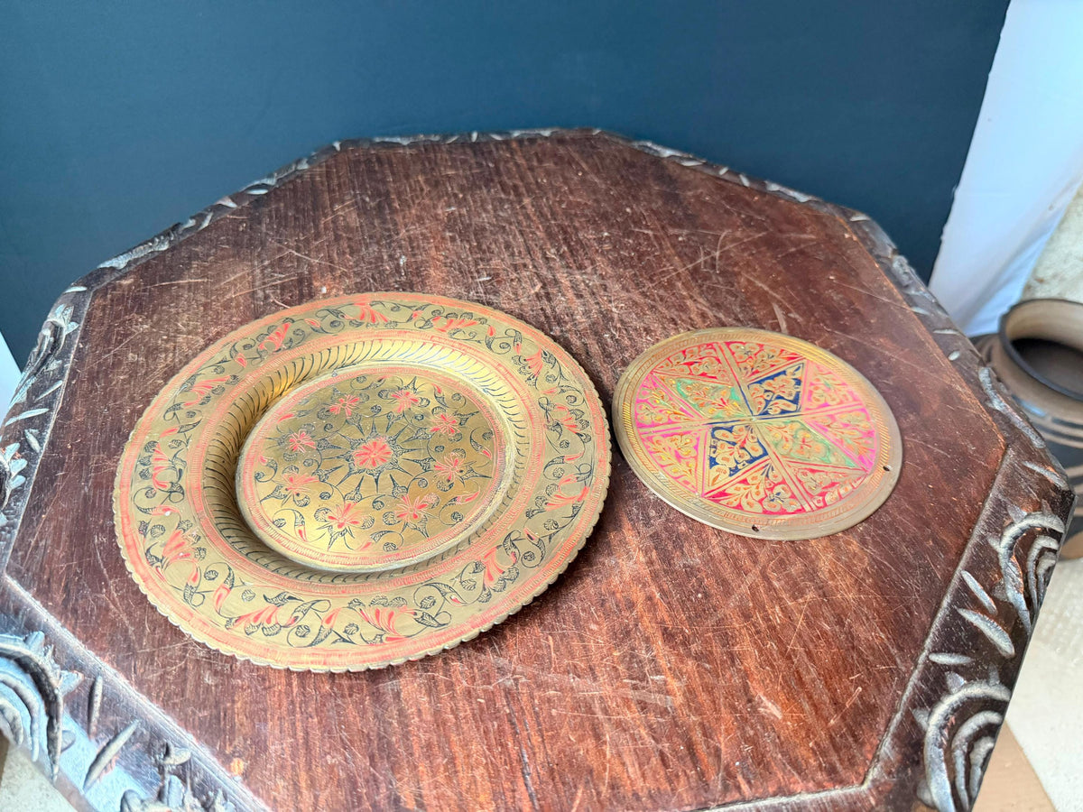 Vintage Etched Brass Plate Polychrome Enamel Wall Plaque Dish Set 2pc