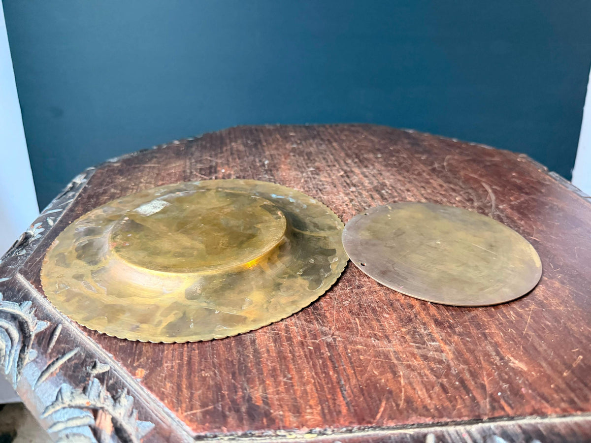 Vintage Etched Brass Plate Polychrome Enamel Wall Plaque Dish Set 2pc