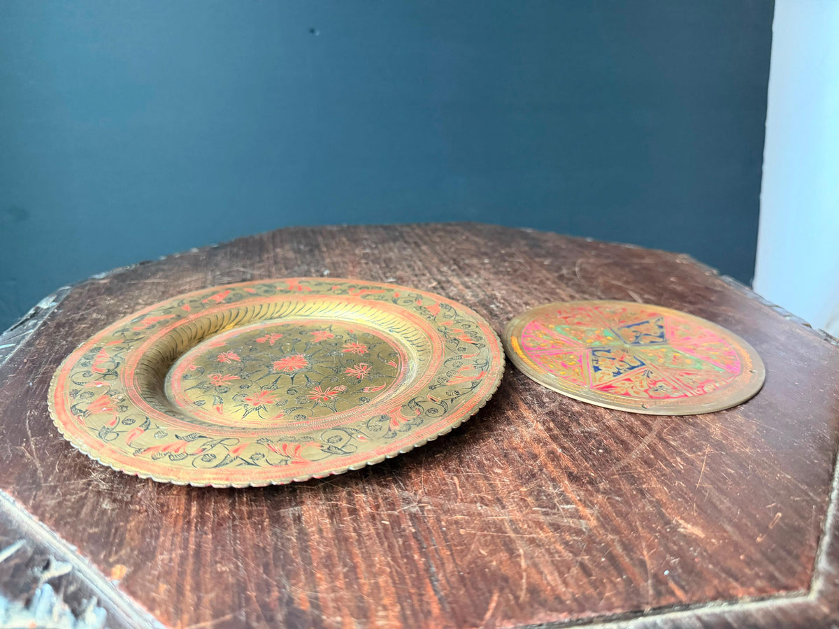 Vintage Etched Brass Plate Polychrome Enamel Wall Plaque Dish Set 2pc