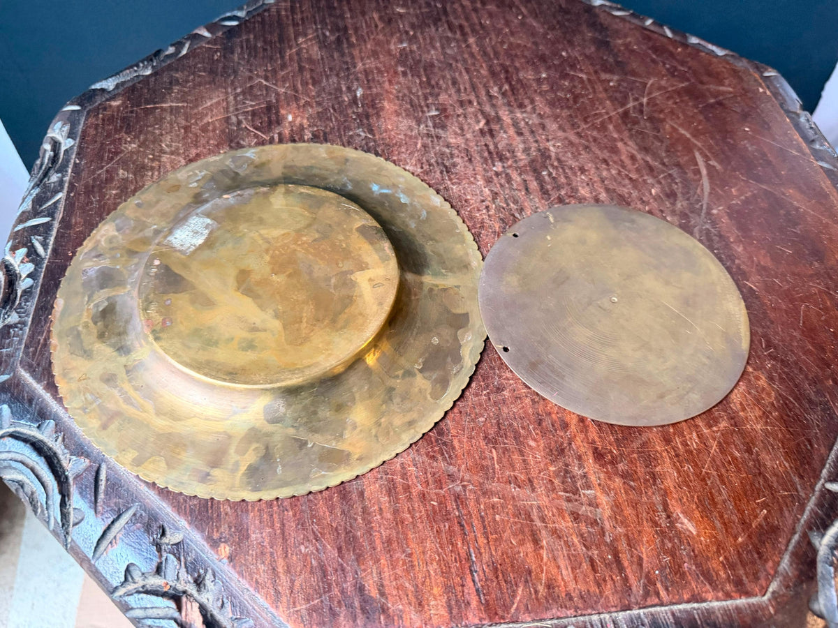 Vintage Etched Brass Plate Polychrome Enamel Wall Plaque Dish Set 2pc