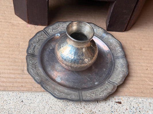 Vintage Silver Tone Metal Hammered Mini Vase Etched Scalloped Tray Dish