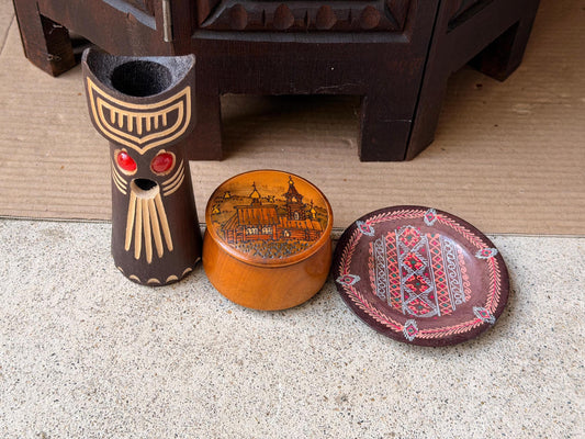 Vintage Eastern European Folk Art Wood Set Carved Idol Box Dish Slavic Decor