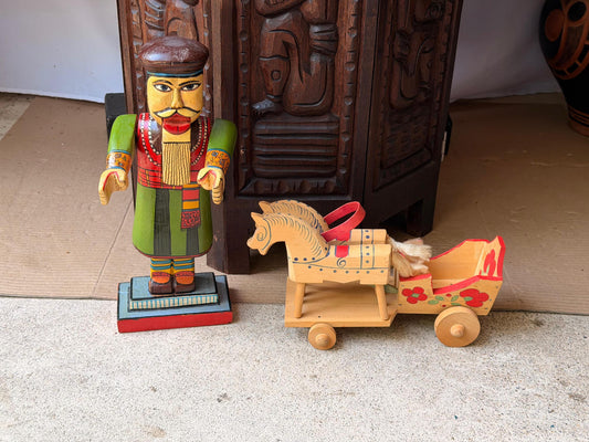 Vintage Eastern European Carved Wood Nutcracker & Horse Cart Folk Decor Set