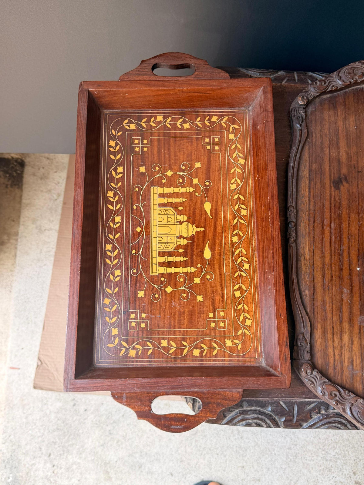 Vintage Hand Carved Wood Serving Trays Taj Mahal Inlay Carved Handle Set 2 Pc