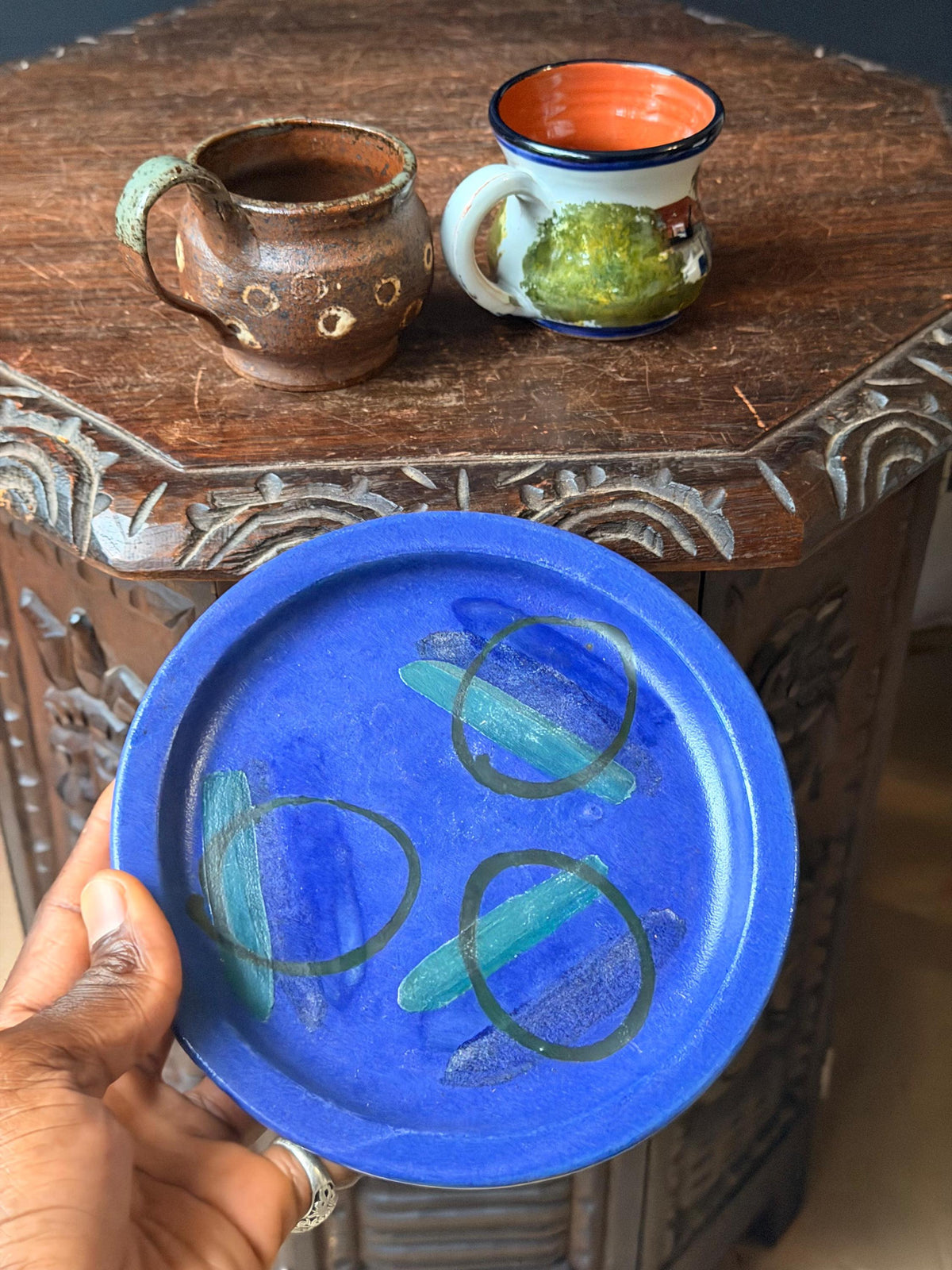 Dedza Malawi Studio Pottery Blue Plate & Handcrafted Ceramic Cups 3 Pc Set