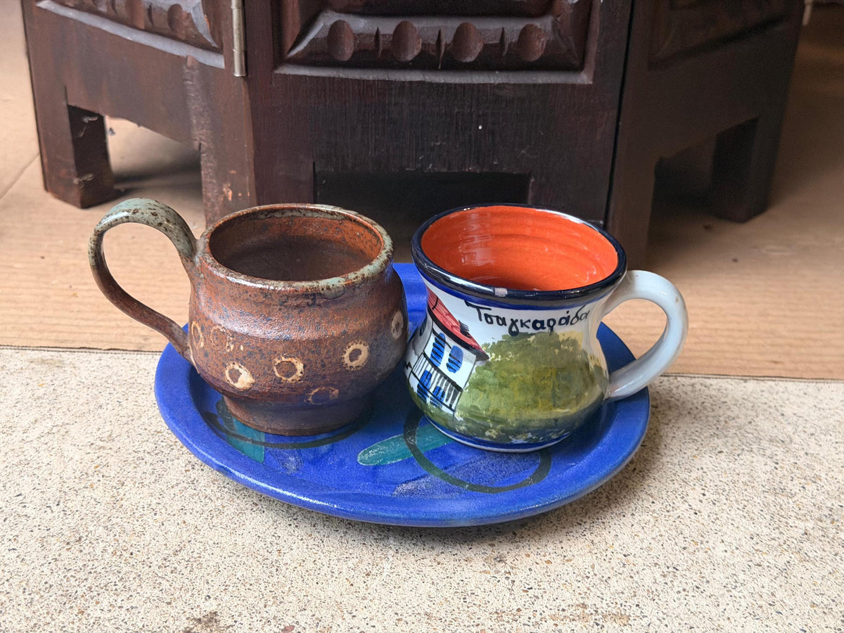 Dedza Malawi Studio Pottery Blue Plate & Handcrafted Ceramic Cups 3 Pc Set