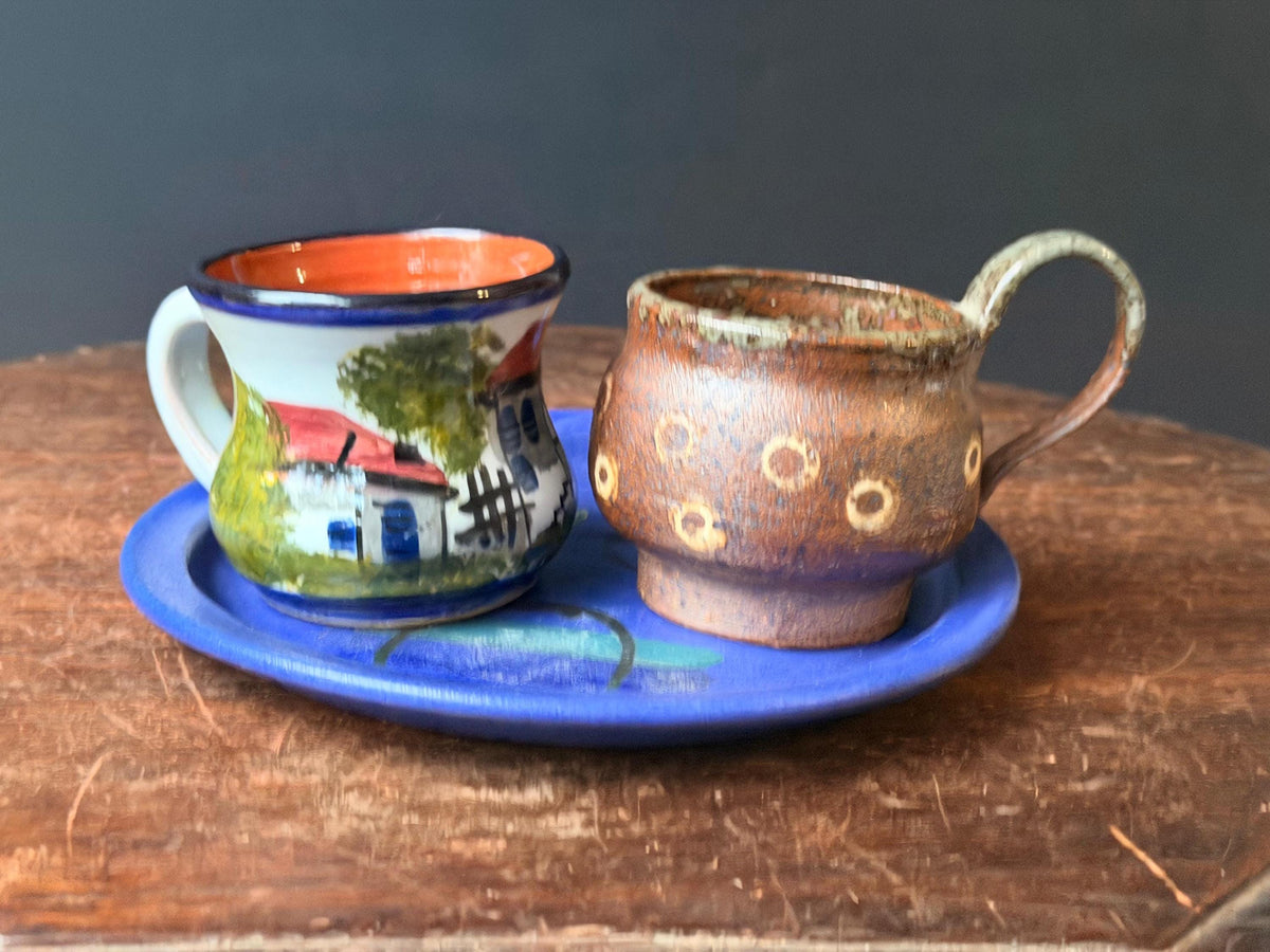 Dedza Malawi Studio Pottery Blue Plate & Handcrafted Ceramic Cups 3 Pc Set