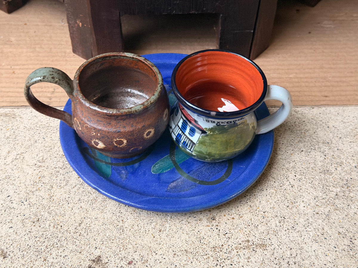 Dedza Malawi Studio Pottery Blue Plate & Handcrafted Ceramic Cups 3 Pc Set