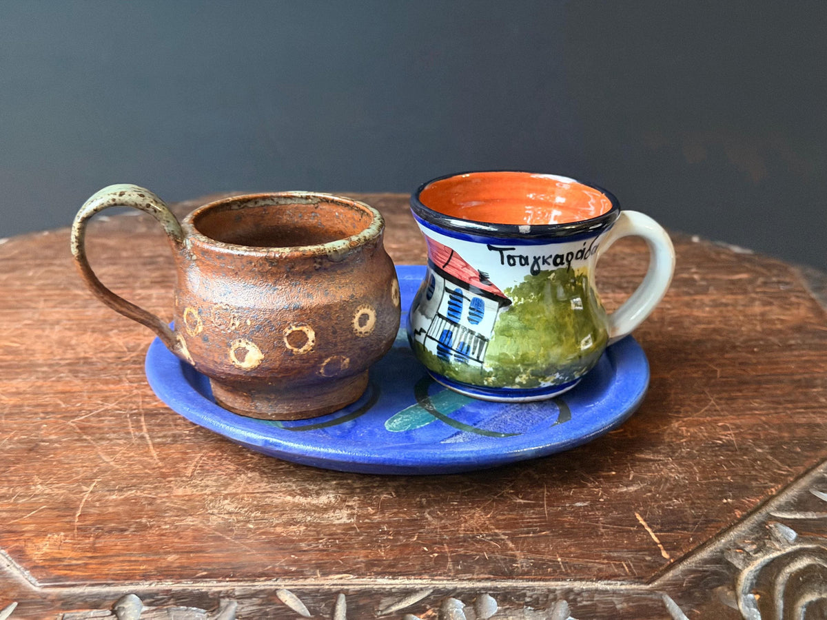 Dedza Malawi Studio Pottery Blue Plate & Handcrafted Ceramic Cups 3 Pc Set