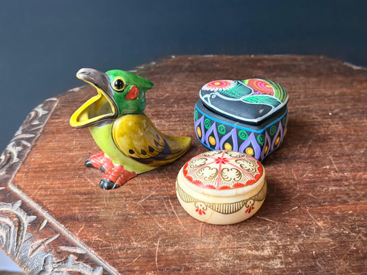Vintage Japan Ceramic Bird Figurine Terracotta & Carved Stone Box 3 Pc Set