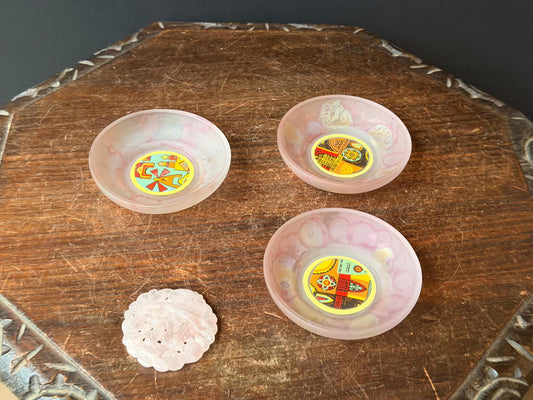 Vintage Frosted Pink Art Glass Dishes & Carved Rose Quartz Medallion 4pc Set