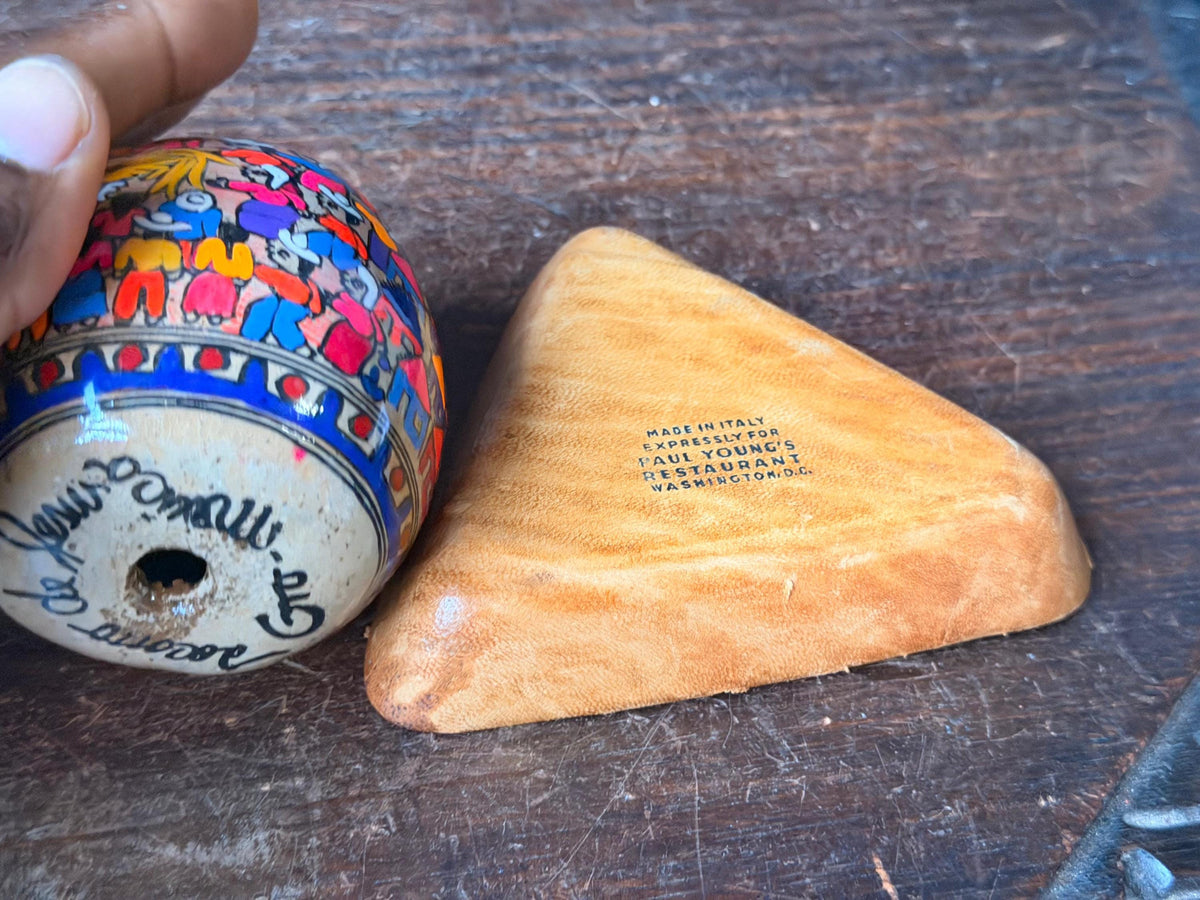 Vintage Italian Leather Dish & Signed Mexican Folk Art Painted Egg 2pc Set