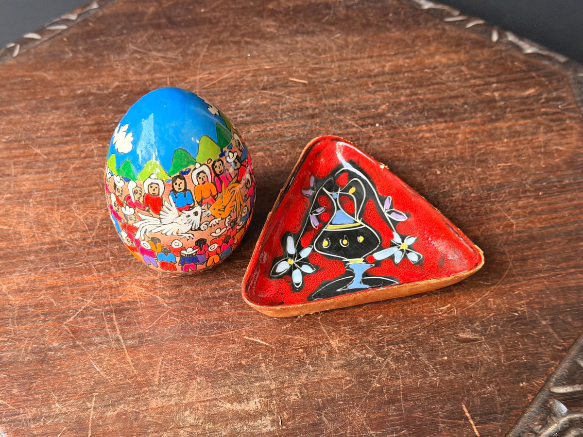 Vintage Italian Leather Dish & Signed Mexican Folk Art Painted Egg 2pc Set