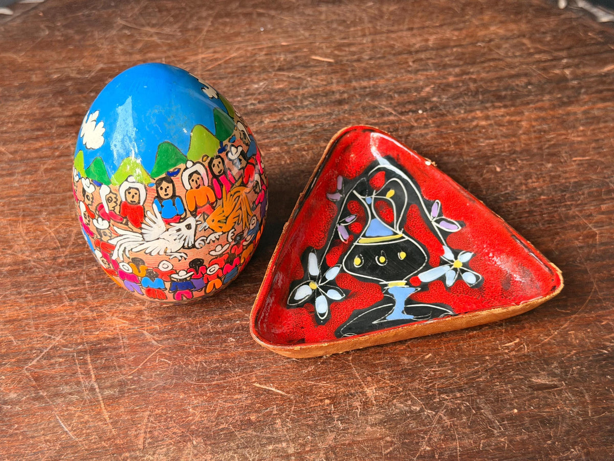 Vintage Italian Leather Dish & Signed Mexican Folk Art Painted Egg 2pc Set