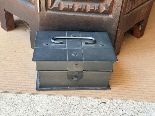 Vintage Industrial Black Metal Keepsake Box Riveted Miniature Trunk Desk Chest