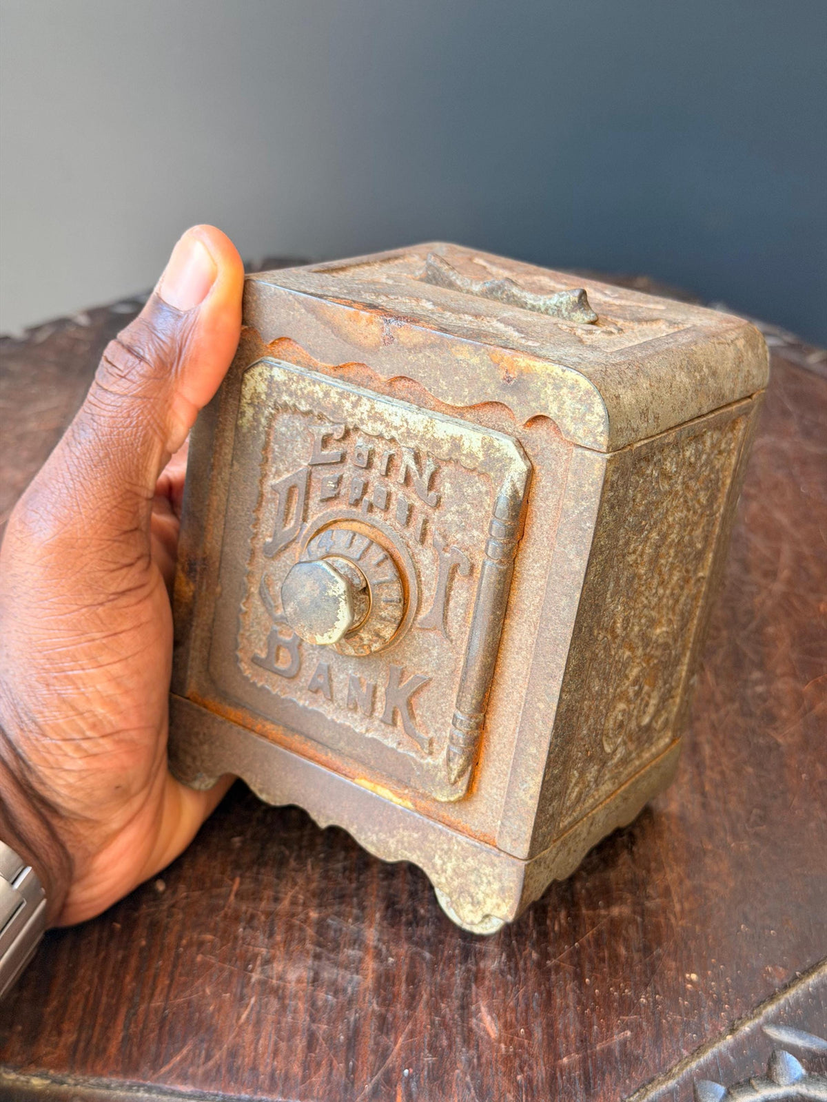Antique Cast Iron Coin Deposit Bank Miniature Safe Box Vintage Still Bank