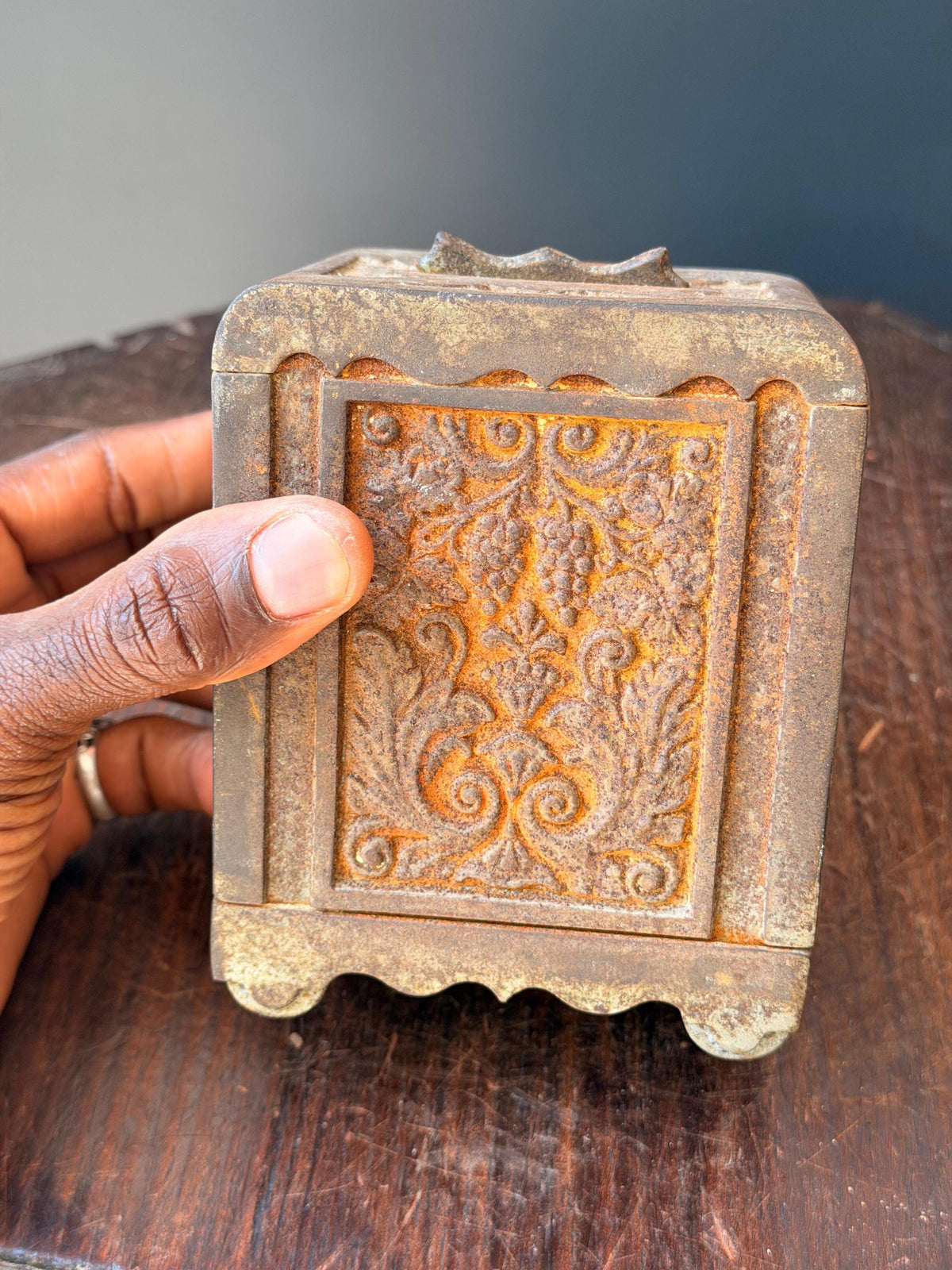 Antique Cast Iron Coin Deposit Bank Miniature Safe Box Vintage Still Bank