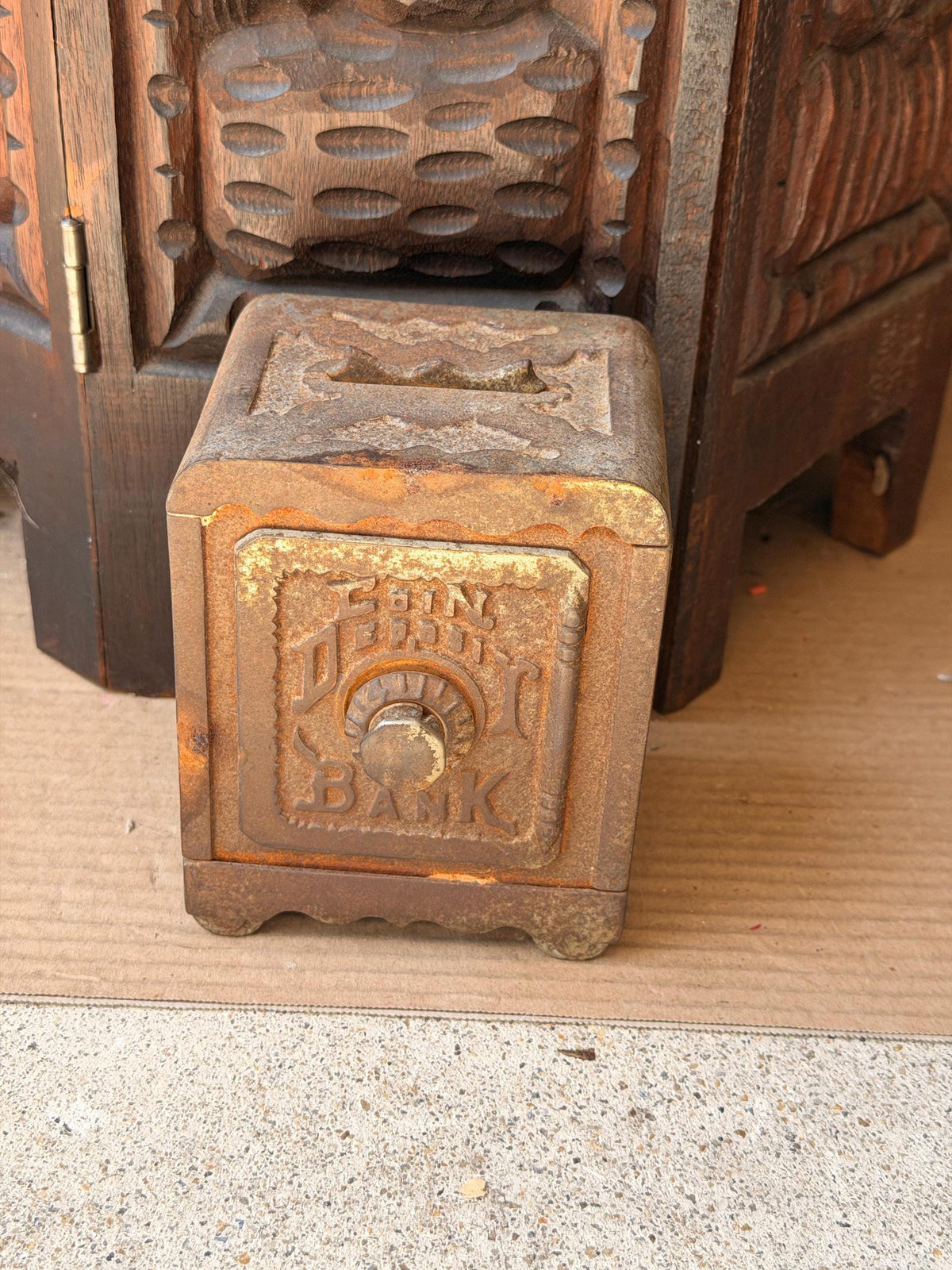 Antique Cast Iron Coin Deposit Bank Miniature Safe Box Vintage Still Bank