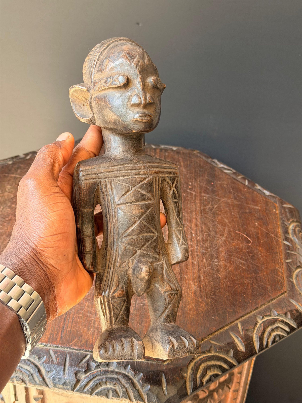 Vintage Mangbetu Hand Carved Wooden Figure Congo African Tribal Art 11"
