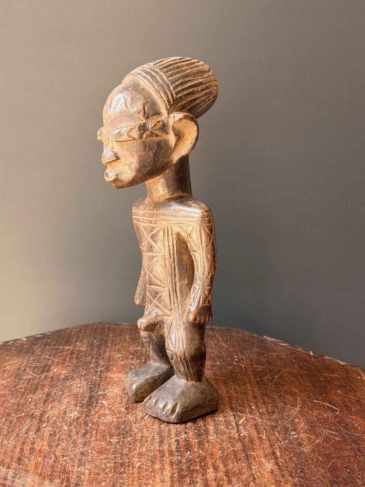 Vintage Mangbetu Hand Carved Wooden Figure Congo African Tribal Art 11"