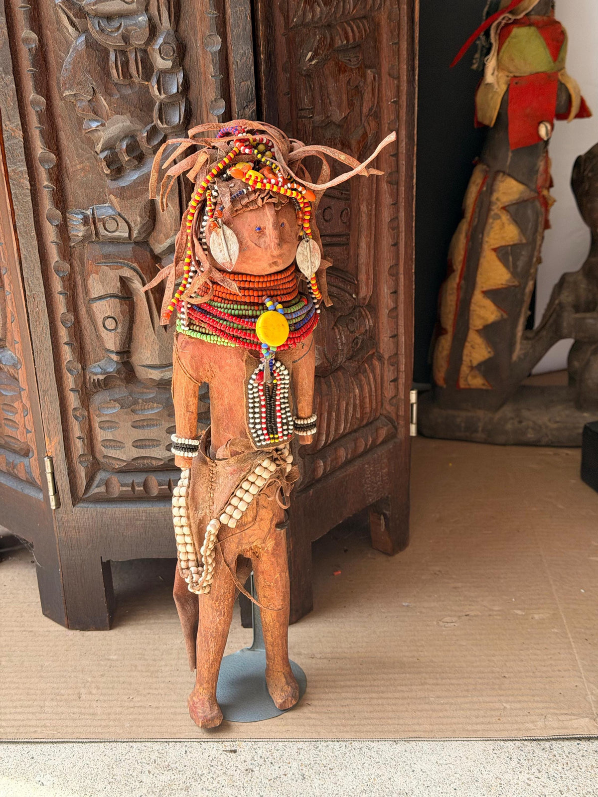 Vintage Turkana Beaded Wood Doll Figure Kenya East African Tribal Art 14"