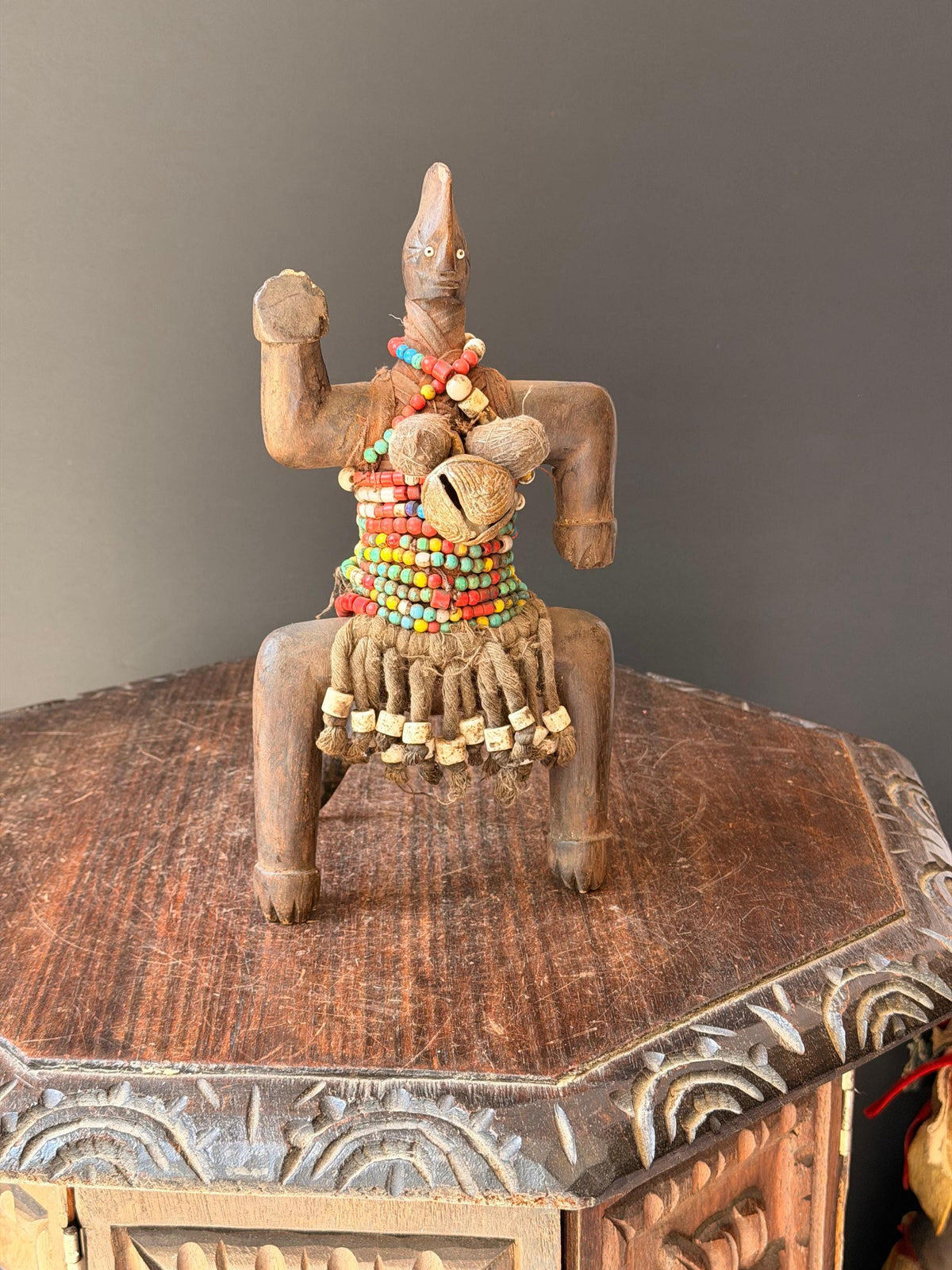 Vintage Namji Beaded Wood Figure Cameroon Tribal Art Fertility Doll 10"