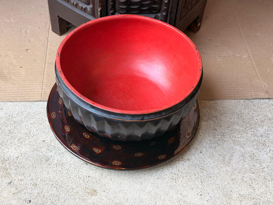 Vintage Carved Wood Lacquer Bowl Plate Set Fluted Black Red Decorative Vessel