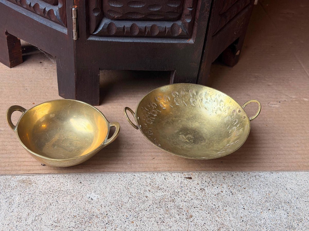 Vintage Brass Handled Bowl Set Hand Etched Mini Karahi Ritual Dishes