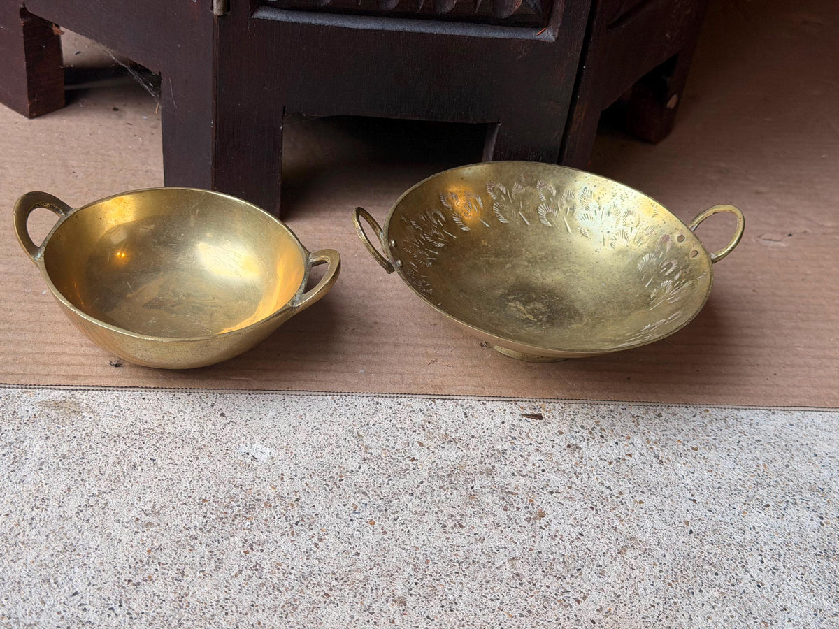 Vintage Brass Handled Bowl Set Hand Etched Mini Karahi Ritual Dishes