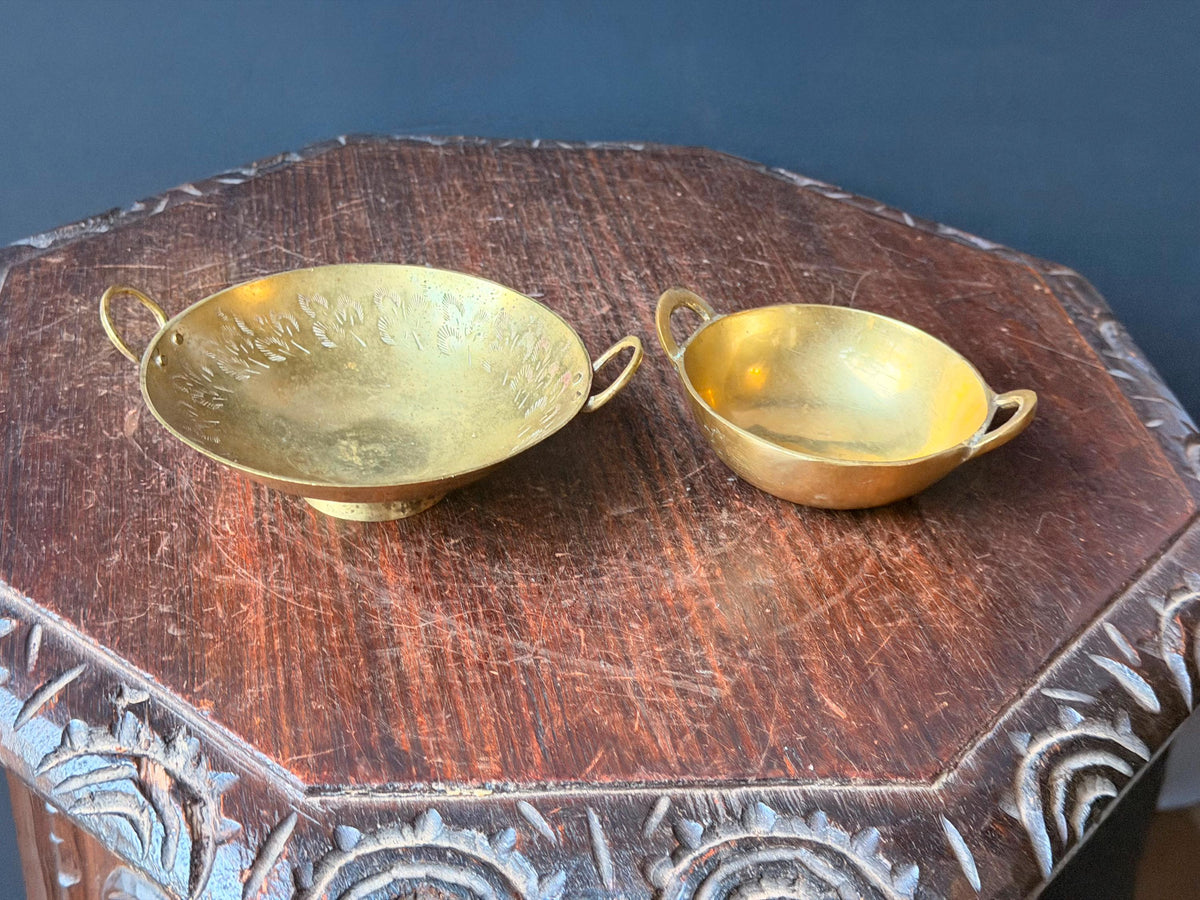 Vintage Brass Handled Bowl Set Hand Etched Mini Karahi Ritual Dishes