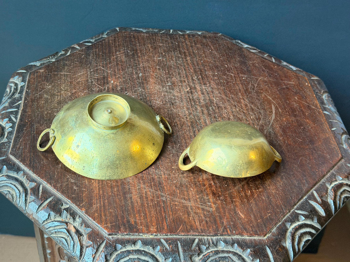 Vintage Brass Handled Bowl Set Hand Etched Mini Karahi Ritual Dishes
