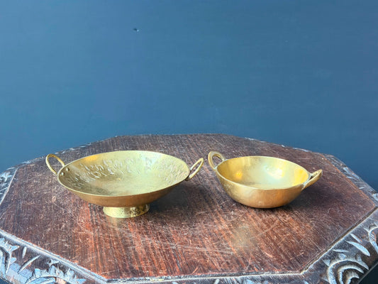 Vintage Brass Handled Bowl Set Hand Etched Mini Karahi Ritual Dishes