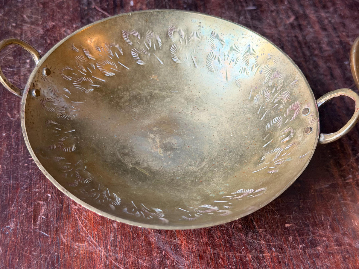 Vintage Brass Handled Bowl Set Hand Etched Mini Karahi Ritual Dishes