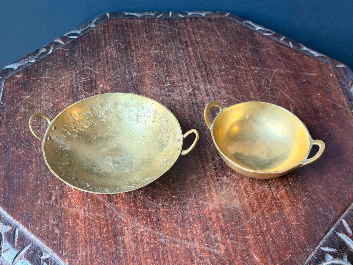 Vintage Brass Handled Bowl Set Hand Etched Mini Karahi Ritual Dishes