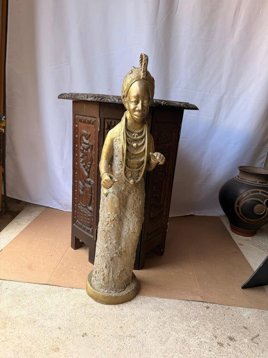 Vintage Benin Brass Queen Figure 26.5" Gilded Edo West African Statue
