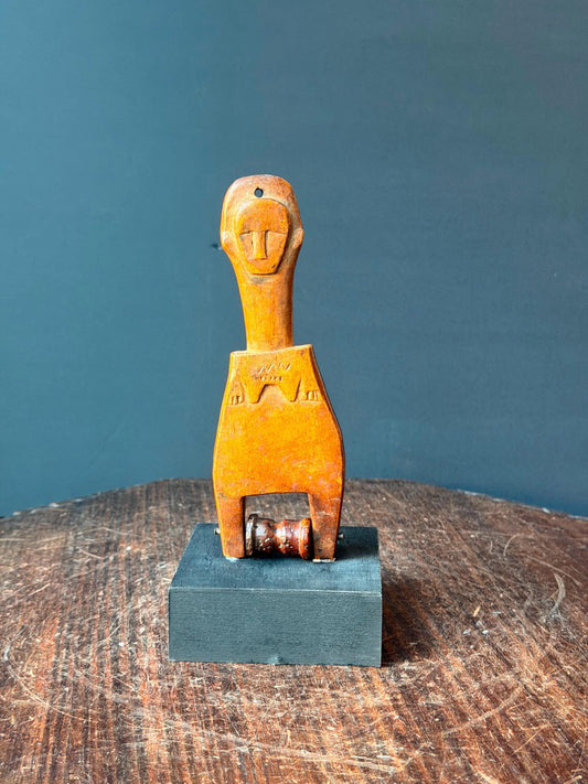 Vintage Baule Carved Wood Loom Pulley Human Head Statue Mounted 6.6"