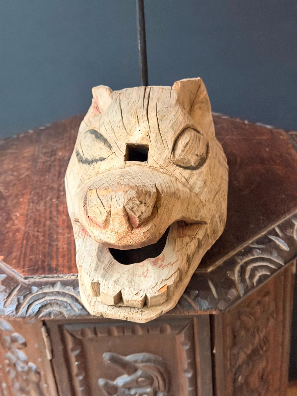 Vintage Hand Carved Wood Animal Mask Sculpture Zoomorphic Folk Art 9.5"